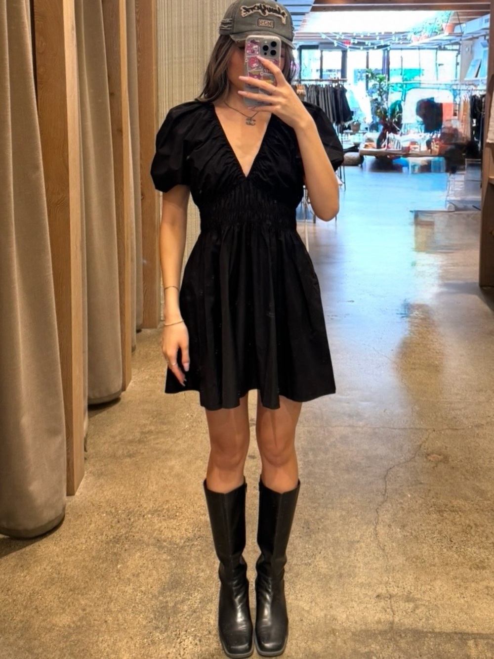 Wilfred Black Puff-Sleeve V-Neck Mini Dress